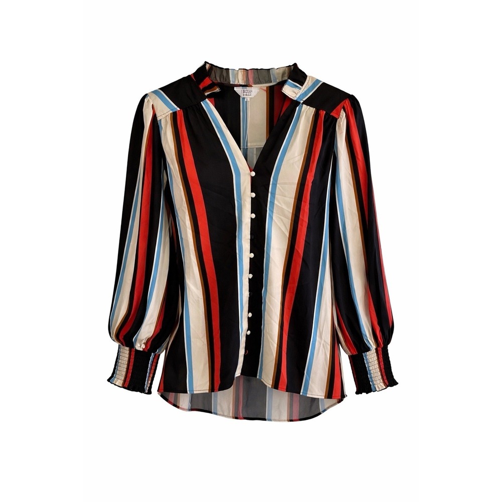Crosby by Mollie Burch Women's Striped Button Front Blouse Smocked Cuff Boho NWT
